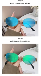 Detailansicht der Retro-Oval-Sonnenbrille mit Goldmetallrahmen und blau oder grün verspiegelten Gläsern