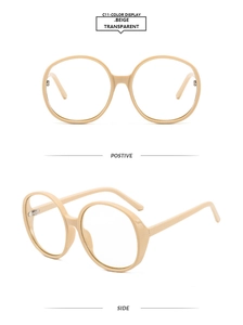 Detail view of round beige transparent oversized glasses from positive and side angles