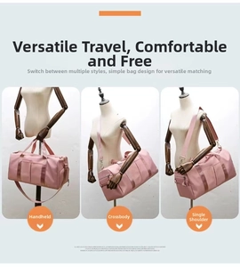 Pink yoga gym bag shown in handheld, crossbody, and shoulder bag carrying styles
