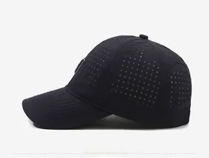 Detailed side view of dark blue breathable mesh baseball cap with laser-cut holes