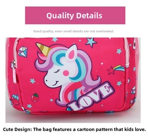 Close-up of pink kids backpack featuring a colorful cartoon unicorn and LOVE text detail