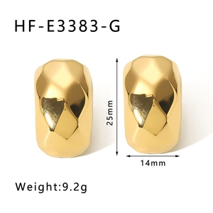 Detail showing irregular faceted 18k gold plated earrings with 25mm height dimension