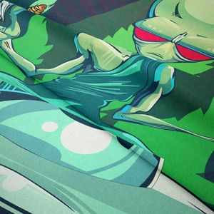 Detail shot of green alien tapestry showing soft polyester fabric texture and thick weave