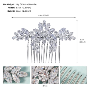Détails du peigne de mariée argenté avec zircons incluant dimensions et spécifications