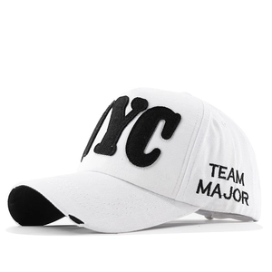 White distressed cotton baseball cap with black NYC 3D embroidery in street style