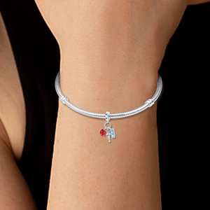 Close-up of silver snake chain bracelet with New York themed charms including red apple