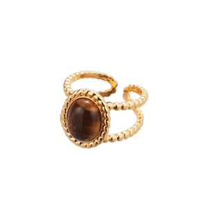 18k gold plated open ring with oval tiger eye stone and twisted rope texture band