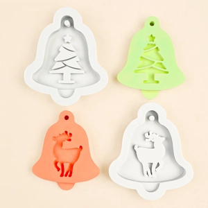 Christmas bell silicone molds featuring snowflake, reindeer and xmas tree patterns