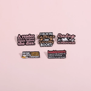 5-piece motivational coffee and book enamel pin set with inspirational quotes on pink background