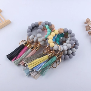 Silicone bead keychain bracelets with PU leather tassels and leopard print beads