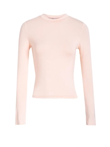 Close-up of the soft peach slim-fit long sleeve top with round neck and flat hemline