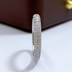 Macro shot of S925 sterling silver eternity band featuring multi-row pave-set zircons