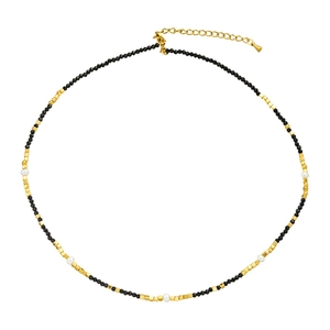 Elegant 18k gold plated stainless steel necklace with black spinel and white pearls