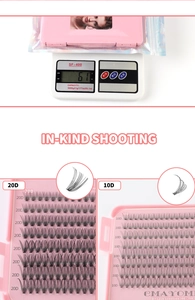 Detailed comparison of 10D and 20D volume eyelash clusters in pink storage box