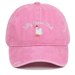 Pink vintage washed baseball cap with Silly Goose Club embroidery and white goose