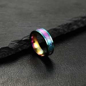 Macro shot of 6mm rainbow titanium steel ring with etched Roman numeral patterns
