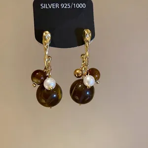 French vintage geometric drop earrings with amber beads and white pearls for women