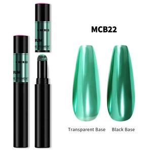 Detail of MCB22 metallic mint nail pigment pen showing effects on black and clear bases