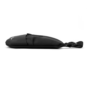 Slim black water-resistant chest bag with adjustable strap and side profile detail