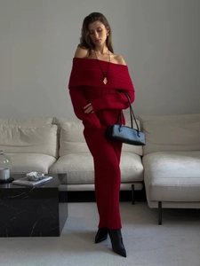 Elegant wine red off-shoulder long sleeve knitted maxi dress for women in slim fit style