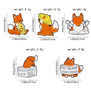 Detail showing various fox enamel pins with dimensions and weights on white background
