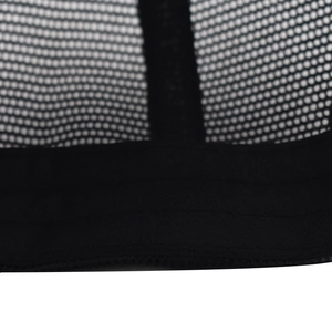 Macro detail of the black mesh fabric, internal seams, and sweatband on the baseball cap