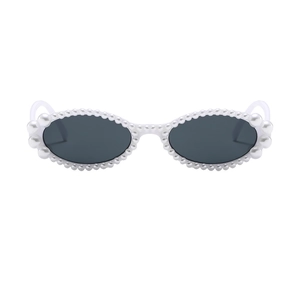Vintage oval white sunglasses with pearl accents and dark grey UV lenses for women
