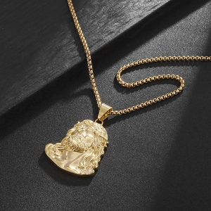 Polished gold Jesus portrait pendant necklace with box chain for hip-hop style fashion