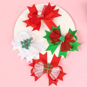 Set of four festive Christmas bow hair clips with Santa, tree, and gift box designs