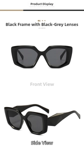 Detail showing thick black polygonal frames and diamond-cut temples on fashion sunglasses