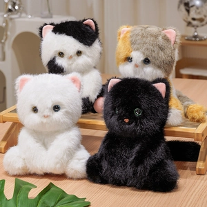 Set of four cute sitting cartoon cat plush dolls in white black and ginger colors