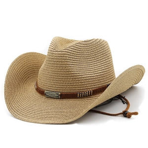 Classic straw cowboy hat with vintage bronze metal buckle and adjustable chin strap