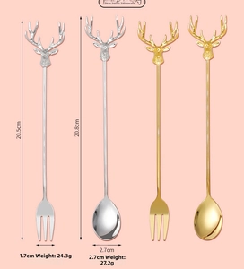 Detail showing dimensions of silver and gold reindeer dessert forks and spoons set