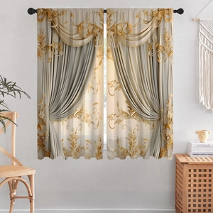 Detailed close-up of double-layer beige curtains with ornate gold floral patterns and sheer tulle