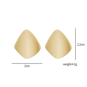 Macro view of gold geometric square stud earrings showing 2.2cm height and weight specs