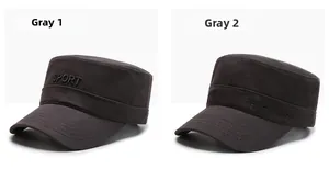 Detail view of cotton military flat top caps with high-quality sport embroidery