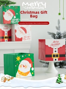 Festive Christmas gift bag detail with cute Santa and snowman prints in red and green