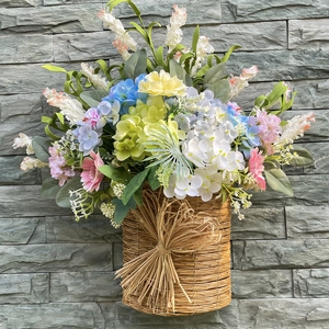 Spring tulip flower basket wall hanging with woven rattan and colorful silk flowers