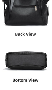Detail of black lychee grain leather tote showing back zipper pocket and sturdy base