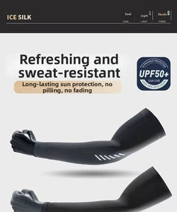 Detailed view of black UPF50+ cooling arm sleeves showing high elasticity and sun protection