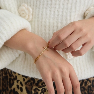 Minimalistische Roestvrijstalen Kruis Armband Voor Dames Vergulde Paperclip Ketting Strass Ingelegde Mode Sieraden Polsbandje
