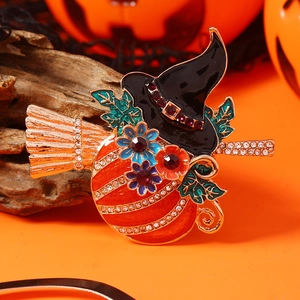 Halloween pumpkin witch broom brooch with sparkling crystals in high-quality alloy finish