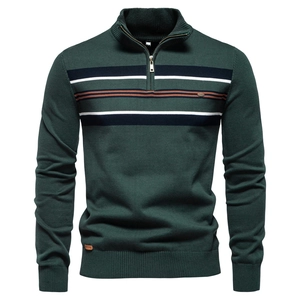 Men Knit Sweater Striped Half Zip Stand Collar Long Sleeve Cotton Blend Casual Slim Fit Autumn Winter Pullover Top