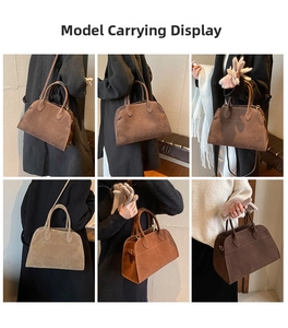 Collage di sei foto che mostra borse tote in camoscio indossate da una modella in stanza