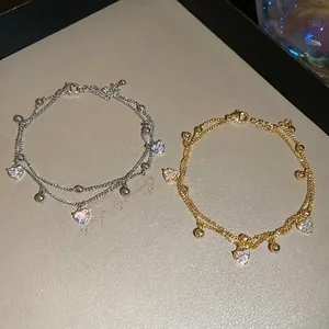 18k gold plated double-layer heart bracelet with sparkling zircon stones and beads