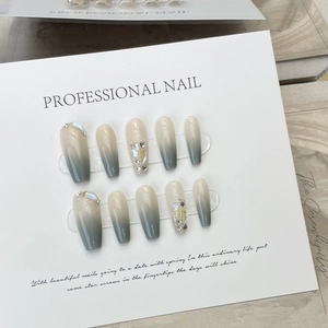 Handmade Press On Nails Gradient Luxury Rhinestone 3D Flower Artificial Pearl Elegant False Nails For Women