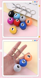 Close-up of billiard ball keychains with numbers showing matte texture and metal rings