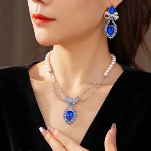 Vintage Necklace And Earrings With Blue Water-drop Gemstones Bowknot Imitation Artificial Pearls Alloy Rhinestones Silver Earring Post