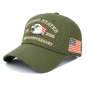Detail of US 250th Anniversary olive cotton baseball cap with eagle embroidery and flag patch