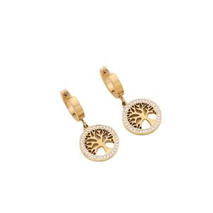 Golden Tree of Life earrings set with sparkling cubic zirconia on a clean white background